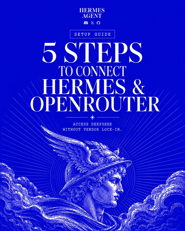 LinkedIn graphic reading “5 STEPS
TO CONNECT
HERMES &
OPENROUTER” over an engraved classical illustration of Hermes with a winged helmet