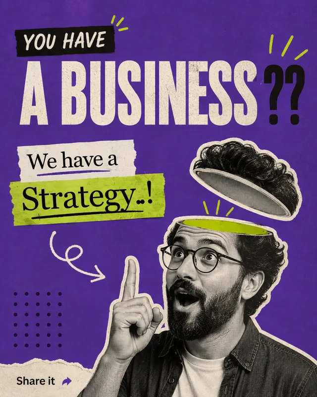 LinkedIn graphic reading “A BUSINESS ??” over a man pointing upward with his head opening like a lid