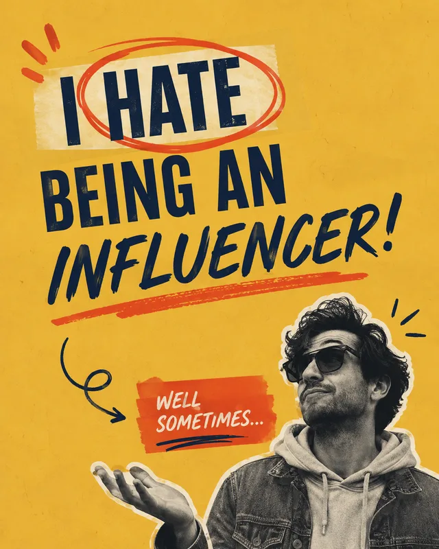 LinkedIn graphic reading “I HATE BEING AN INFLUENCER!” over a man in sunglasses and a denim jacket gesturing with an open palm
