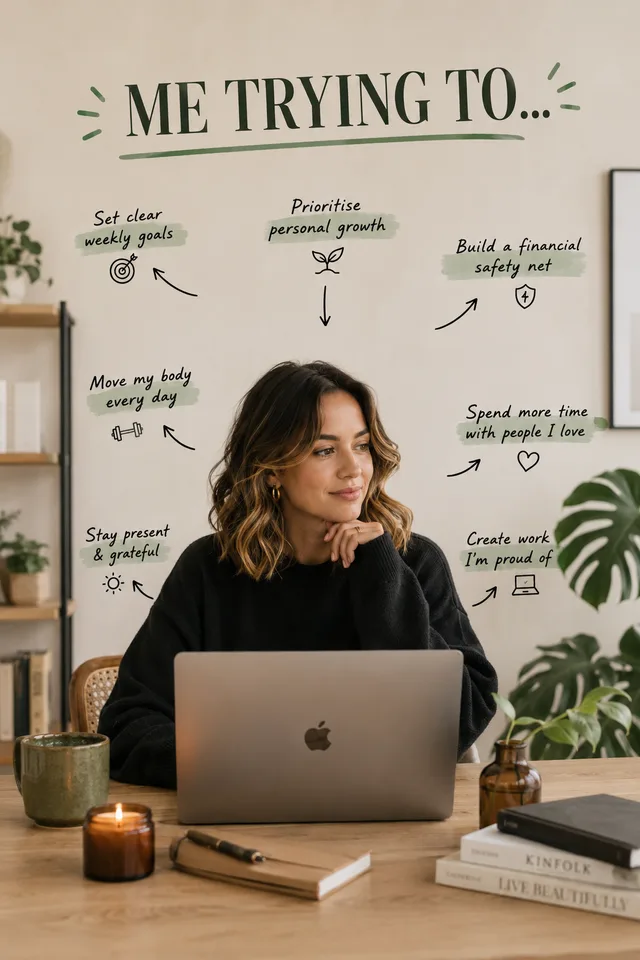 LinkedIn graphic reading “ME TRYING TO...” over a thoughtful woman sitting at a desk behind an open laptop