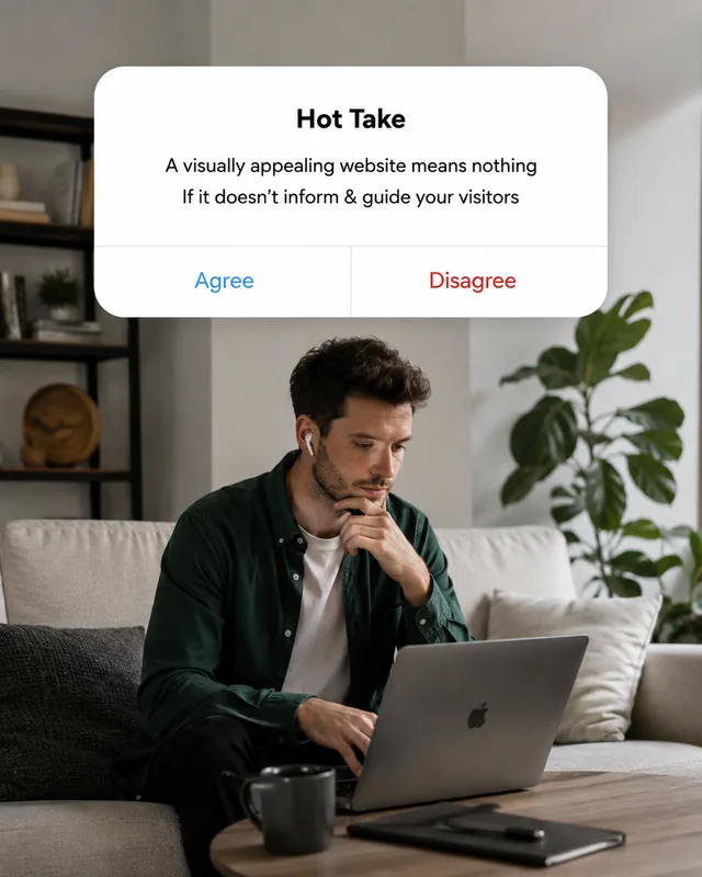 LinkedIn graphic reading “Hot Take” over a man working on a laptop on a sofa