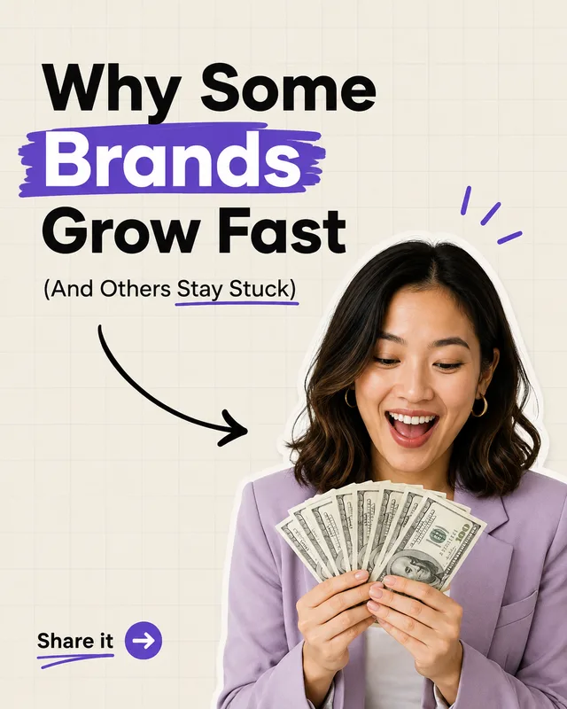 LinkedIn graphic reading “Why Some Brands Grow Fast” over an excited woman in a purple blazer holding a fan of hundred-dollar bills