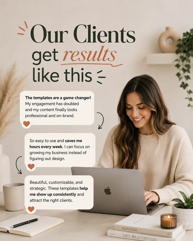 LinkedIn graphic reading “Our Clients get results like this” over a smiling woman working on a laptop at a desk