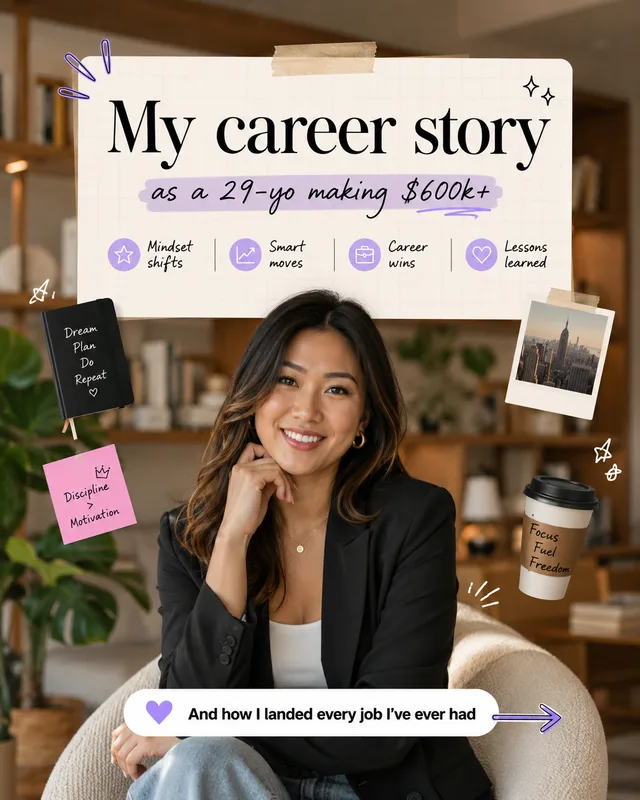LinkedIn graphic reading “My career story” over a smiling young Asian woman in a black blazer sitting in an armchair
