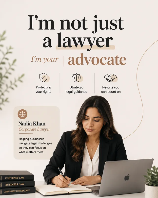 LinkedIn graphic reading “I'm not just a lawyer” over a woman in a black blazer writing in a notebook at a desk with a laptop