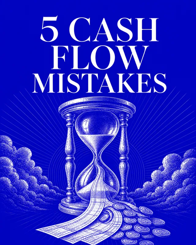 LinkedIn graphic reading “5 CASH FLOW MISTAKES” over an engraved hourglass spilling financial charts and coins