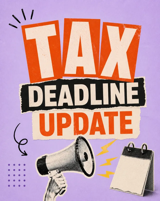 LinkedIn graphic reading “TAX” over a halftone hand holding a megaphone next to a blank desk calendar