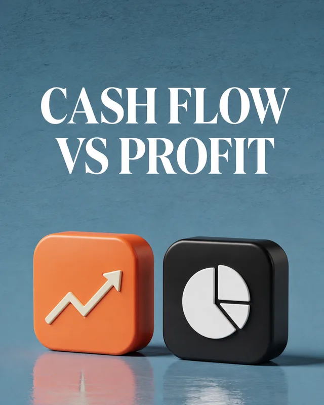 LinkedIn graphic reading “CASH FLOW VS PROFIT” over two 3D rounded square icon tiles with a growth chart and a pie chart