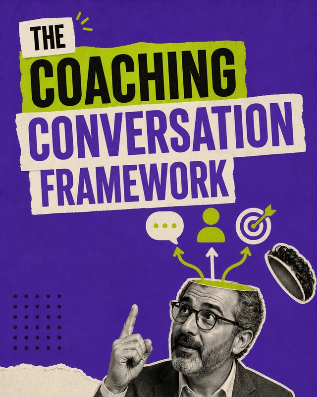 LinkedIn graphic reading “THE COACHING CONVERSATION FRAMEWORK” over a man with glasses and an open head pointing up as icons emerge