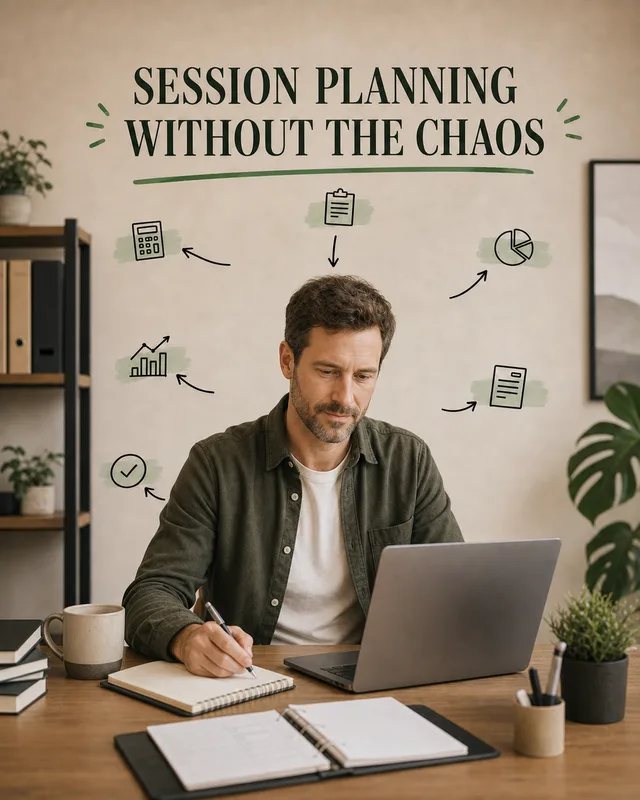 LinkedIn graphic reading “SESSION PLANNING
WITHOUT THE CHAOS” over a man working at a wooden desk with a laptop, notebook, and hand-drawn workflow icons floating around him
