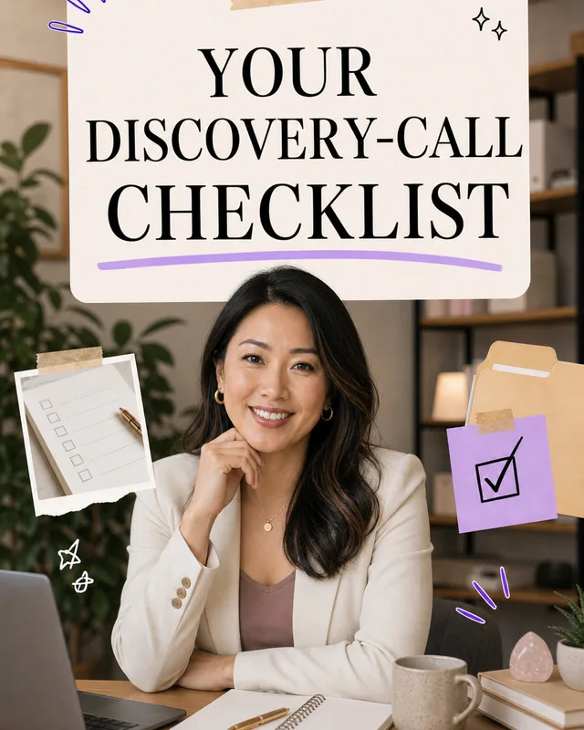 LinkedIn graphic reading “YOUR DISCOVERY-CALL CHECKLIST” over a smiling businesswoman in a beige blazer sitting at her desk