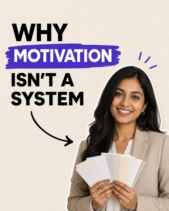 LinkedIn graphic reading “WHY MOTIVATION ISN'T A SYSTEM” over a smiling woman in a beige blazer holding color swatches