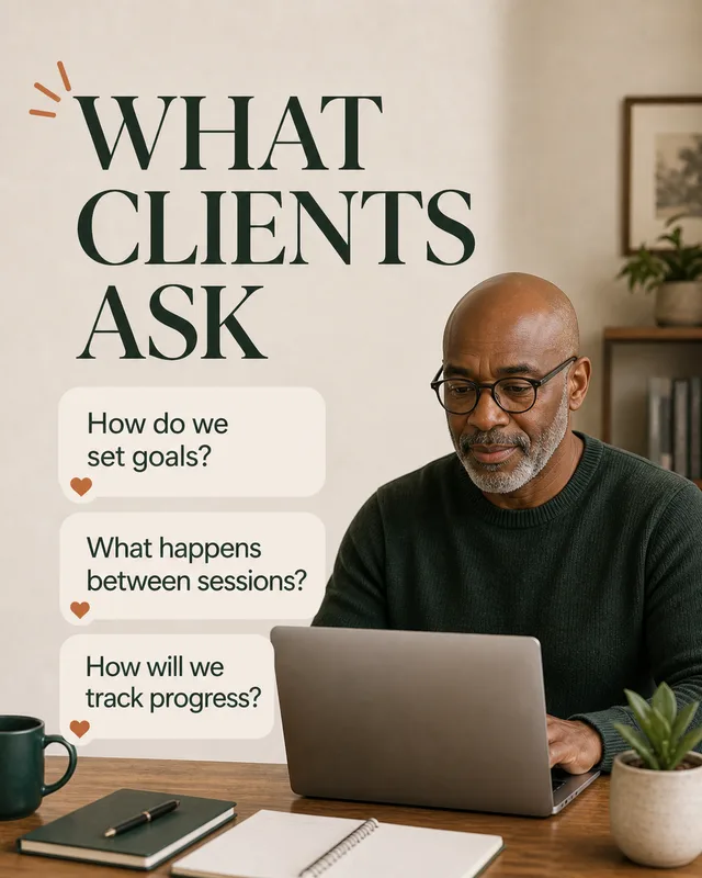 LinkedIn graphic reading “WHAT CLIENTS ASK” over a mature Black man with glasses working on a laptop at a wooden desk