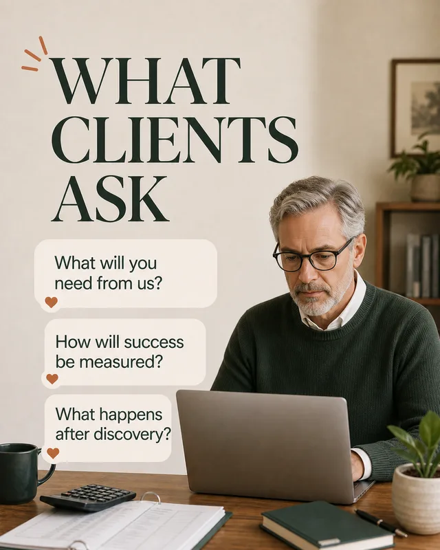 LinkedIn graphic reading “WHAT CLIENTS ASK” over a mature professional man with glasses working on a laptop at a wooden desk