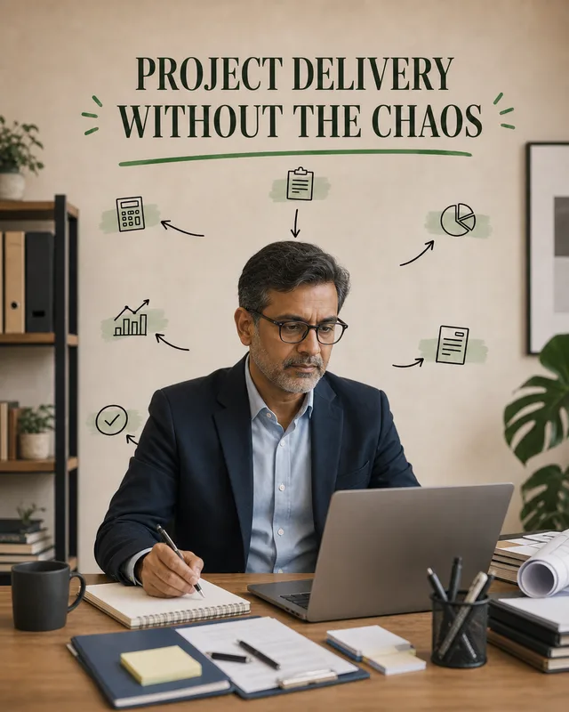 LinkedIn graphic reading “PROJECT DELIVERY WITHOUT THE CHAOS” over a businessman in glasses writing in a notebook at his laptop desk
