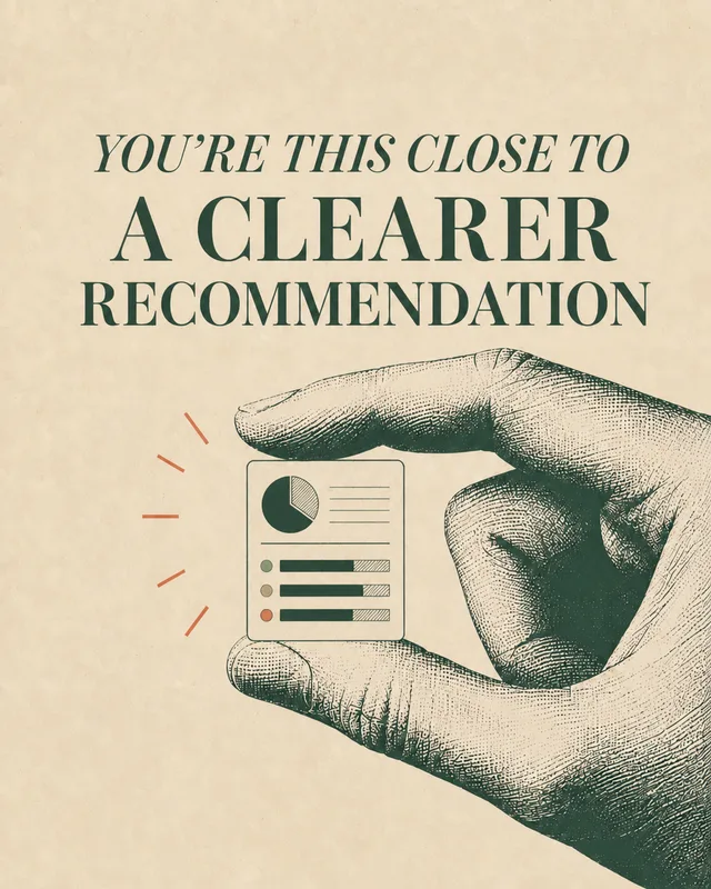LinkedIn graphic reading “YOU’RE THIS CLOSE TO A CLEARER RECOMMENDATION” over an engraved hand holding a tiny report card between its fingers