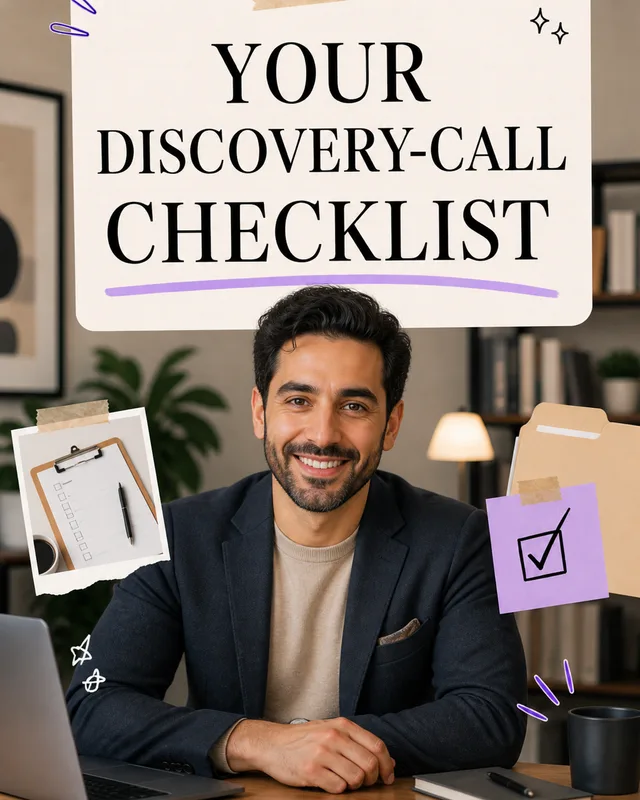 LinkedIn graphic reading “YOUR DISCOVERY-CALL CHECKLIST” over a smiling man in a navy blazer sitting at an office desk