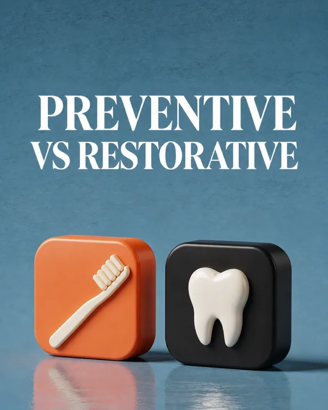 LinkedIn graphic reading “PREVENTIVE VS RESTORATIVE” over 3D toothbrush and tooth icon blocks