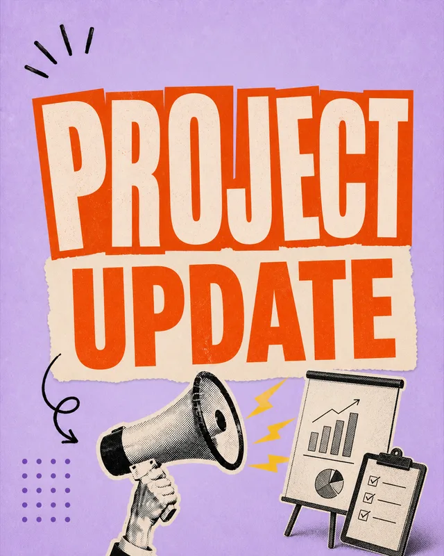 LinkedIn graphic reading “PROJECT UPDATE” over a vintage halftone hand holding a megaphone next to a flipchart and checklist clipboard