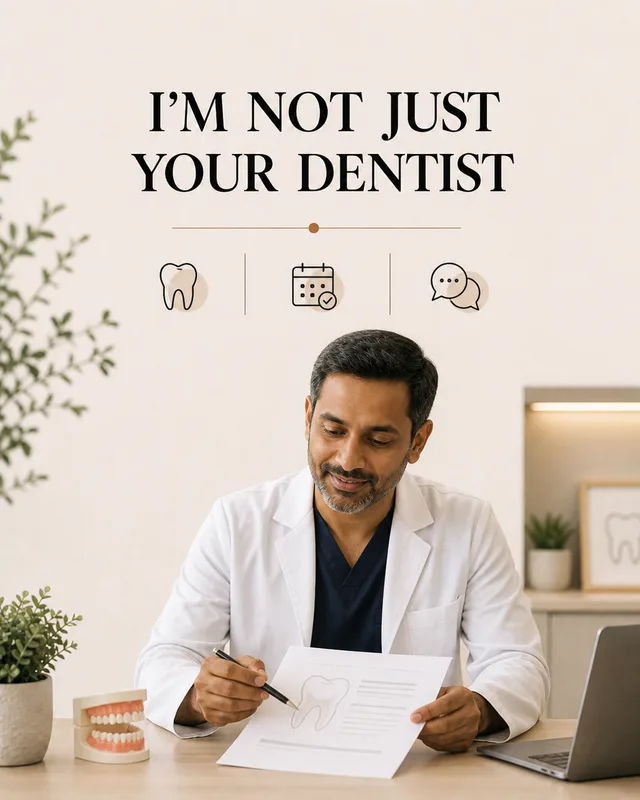 LinkedIn graphic reading “I’M NOT JUST YOUR DENTIST” over a male dentist seated at a wooden desk reviewing a chart