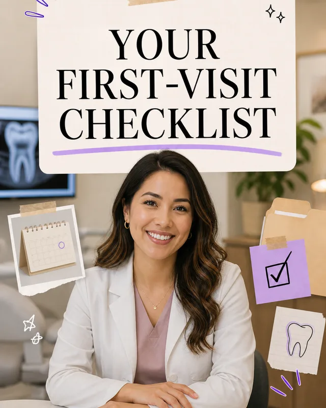 LinkedIn graphic reading “YOUR
FIRST-VISIT
CHECKLIST” over a smiling female dentist in a white coat sitting in an office