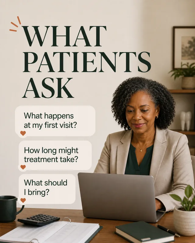 LinkedIn graphic reading “WHAT PATIENTS ASK” over a mature professional woman smiling while working on a laptop at an office desk