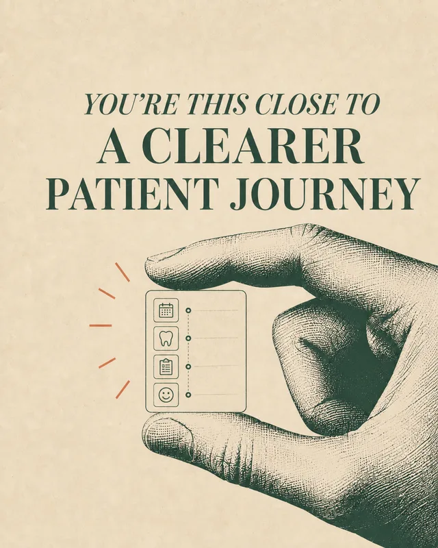 LinkedIn graphic reading “A CLEARER PATIENT JOURNEY” over a vintage engraved hand pinching a tiny checklist card