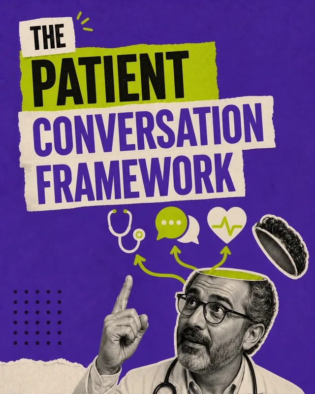 LinkedIn graphic reading “THE PATIENT CONVERSATION FRAMEWORK” over a doctor with his head opened up emitting medical and chat icons