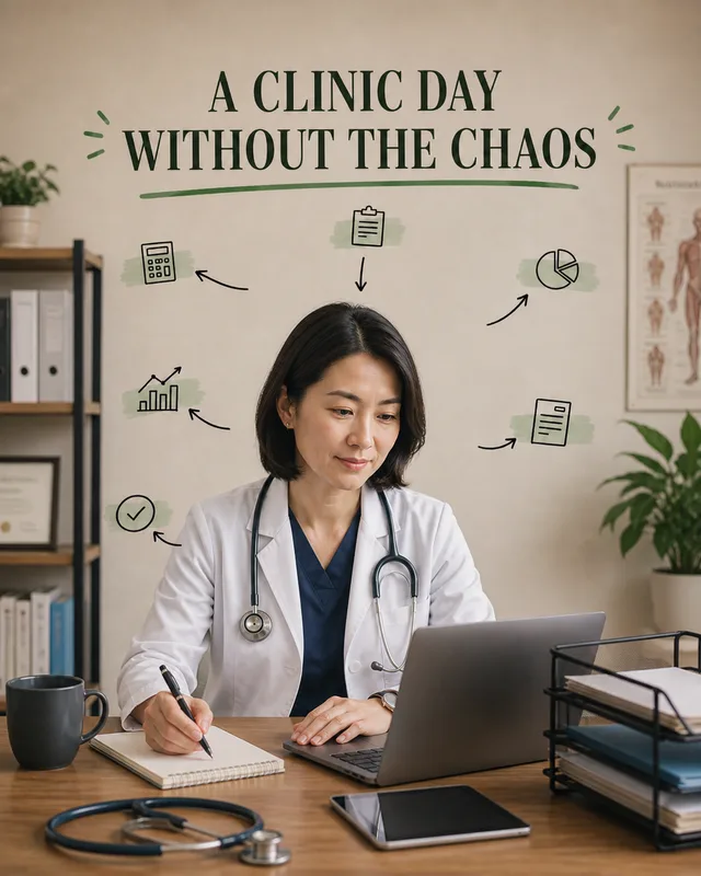 LinkedIn graphic reading “A CLINIC DAY
WITHOUT THE CHAOS” over a female doctor sitting at a clinic desk with a laptop and notebook