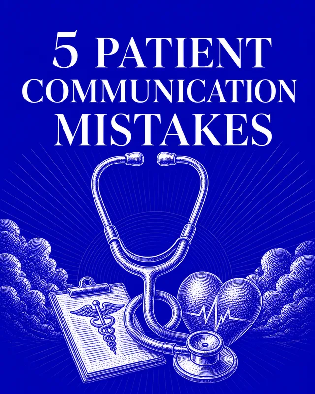 LinkedIn graphic reading “5 PATIENT
COMMUNICATION
MISTAKES” over an engraved medical illustration with a stethoscope, clipboard, and heart