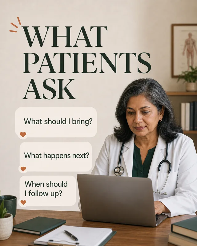 LinkedIn graphic reading “WHAT PATIENTS ASK” over a female doctor sitting at a desk with a laptop