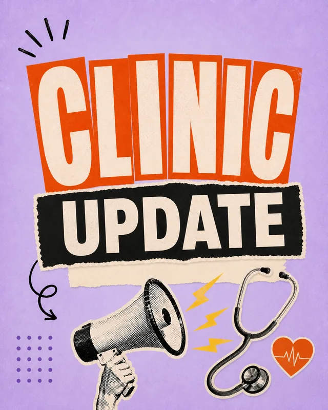 LinkedIn graphic reading “CLINIC UPDATE” over a halftone cutout of a hand holding a megaphone alongside a stethoscope