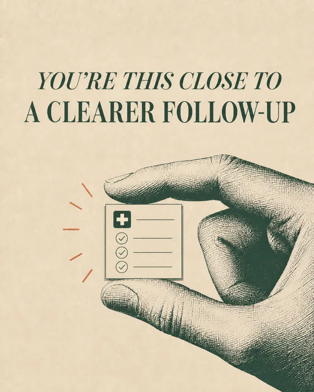 LinkedIn graphic reading “YOU’RE THIS CLOSE TO
A CLEARER FOLLOW-UP” over an engraved hand pinching a small checklist card