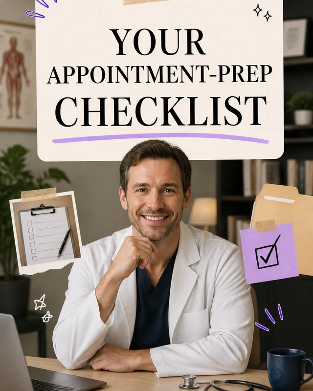 LinkedIn graphic reading “YOUR
APPOINTMENT-PREP
CHECKLIST” over a smiling doctor in a white coat at his desk