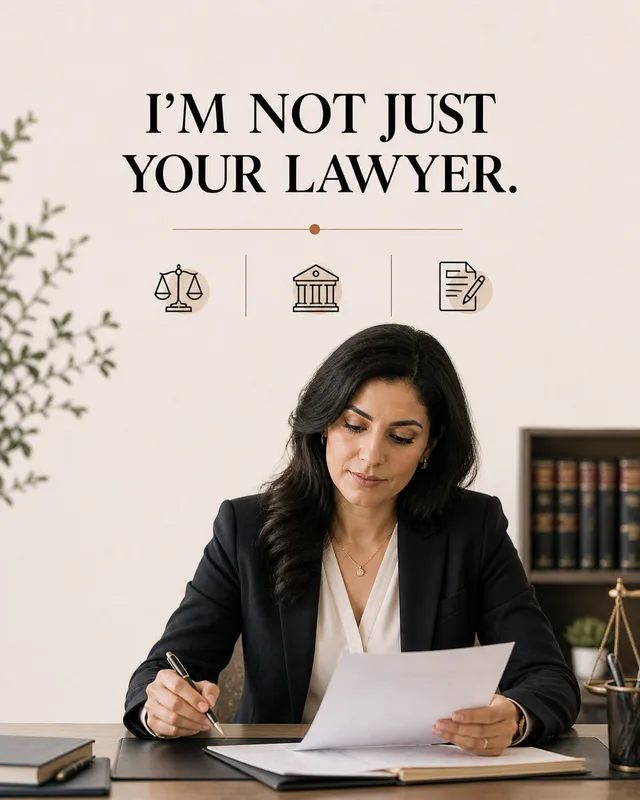 LinkedIn graphic reading “I'M NOT JUST
YOUR LAWYER.” over a female lawyer in a black suit sitting at her desk reviewing legal documents