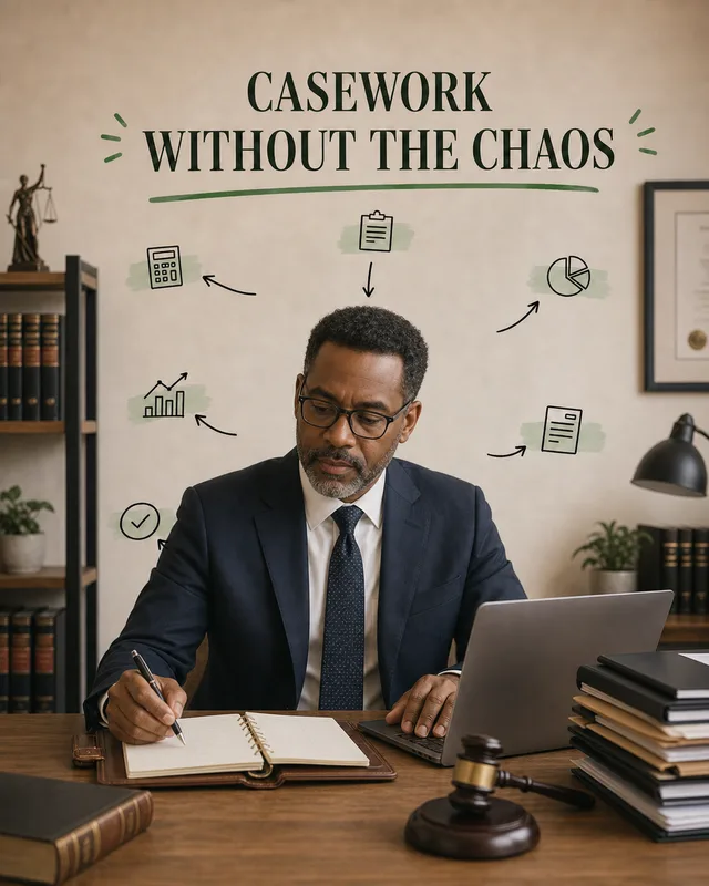 LinkedIn graphic reading “CASEWORK WITHOUT THE CHAOS” over a mature male lawyer in a suit writing at his desk