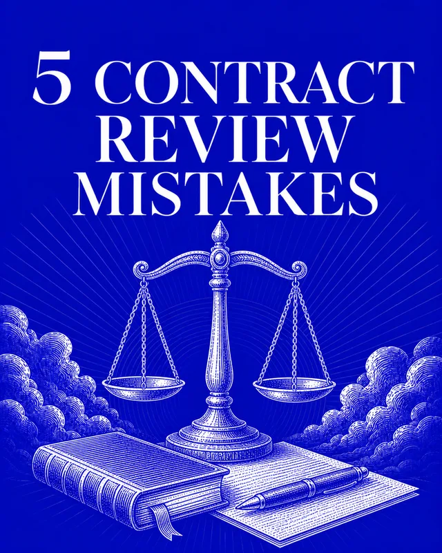LinkedIn graphic reading “5 CONTRACT REVIEW MISTAKES” over engraved scales of justice on a desk with a book and pen