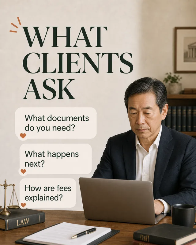 LinkedIn graphic reading “WHAT CLIENTS ASK” over a mature Asian lawyer working at a laptop at a wooden desk