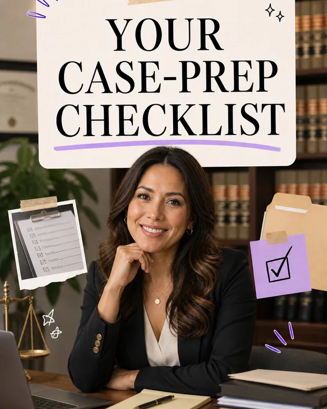 LinkedIn graphic reading “YOUR
CASE-PREP
CHECKLIST” over a smiling woman lawyer in a black blazer seated at a law library desk