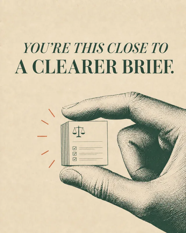 LinkedIn graphic reading “YOU'RE THIS CLOSE TO
A CLEARER BRIEF.” over an engraved hand pinching a miniature legal document