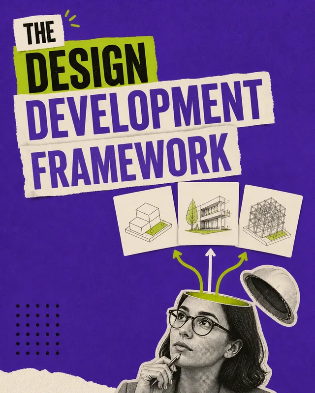 LinkedIn graphic reading “THE DESIGN DEVELOPMENT FRAMEWORK” over a woman with an open head revealing architectural sketches