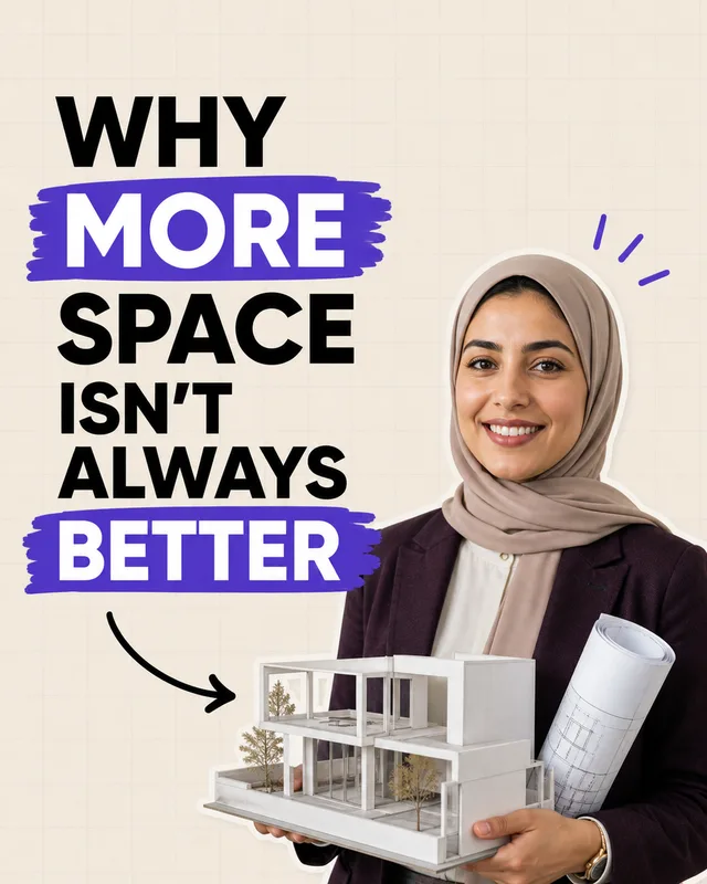LinkedIn graphic reading “WHY MORE SPACE ISN'T ALWAYS BETTER” over a smiling female architect in a hijab holding a modern house scale model and blueprints