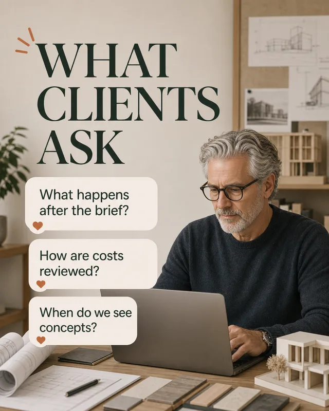 LinkedIn graphic reading “WHAT CLIENTS ASK” over a mature man with grey hair and glasses working on a laptop in an architecture studio