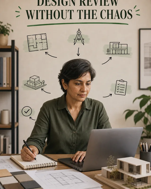 LinkedIn graphic reading “DESIGN REVIEW WITHOUT THE CHAOS” over a woman architect working at a desk with a laptop surrounded by illustrated process icons