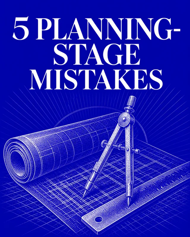 LinkedIn graphic reading “5 PLANNING- STAGE MISTAKES” over an engraved blueprint with a drafting compass and ruler