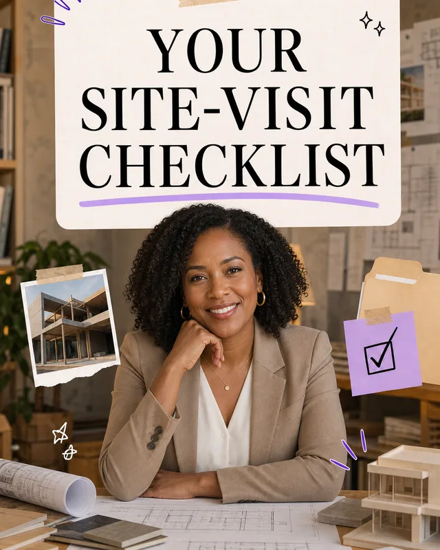 LinkedIn graphic reading “YOUR SITE-VISIT CHECKLIST” over a smiling female architect sitting at a desk with blueprints and scale models
