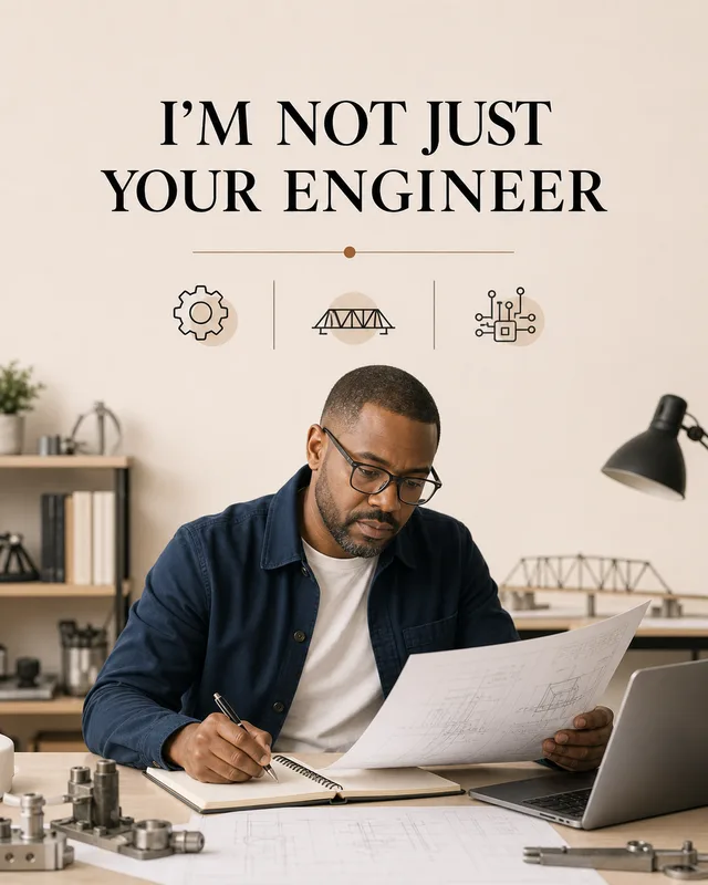 LinkedIn graphic reading “I’M NOT JUST YOUR ENGINEER” over a male engineer at a desk reviewing blueprints and taking notes