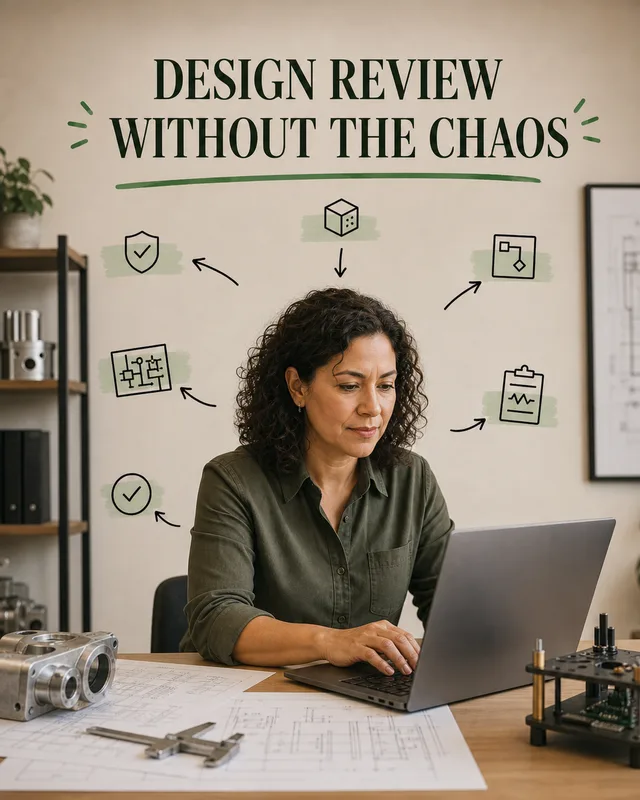 LinkedIn graphic reading “DESIGN REVIEW WITHOUT THE CHAOS” over a woman engineer working on a laptop at a desk with schematics and mechanical parts