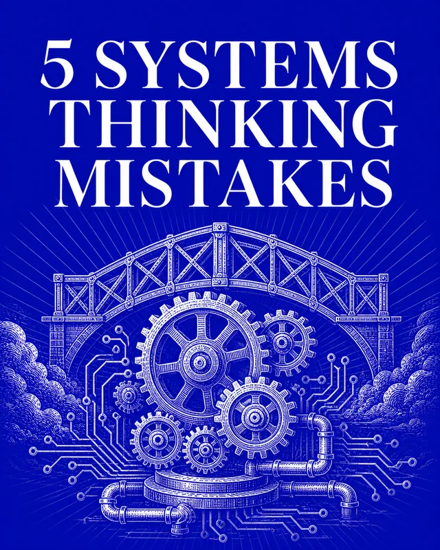 LinkedIn graphic reading “5 SYSTEMS THINKING MISTAKES” over an engraved vintage technical illustration of interlocking gears, pipes, circuits, and a bridge