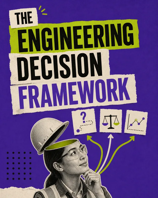 LinkedIn graphic reading “THE ENGINEERING DECISION FRAMEWORK” over a female engineer in a hardhat with her head open and idea arrows branching out to decision cards